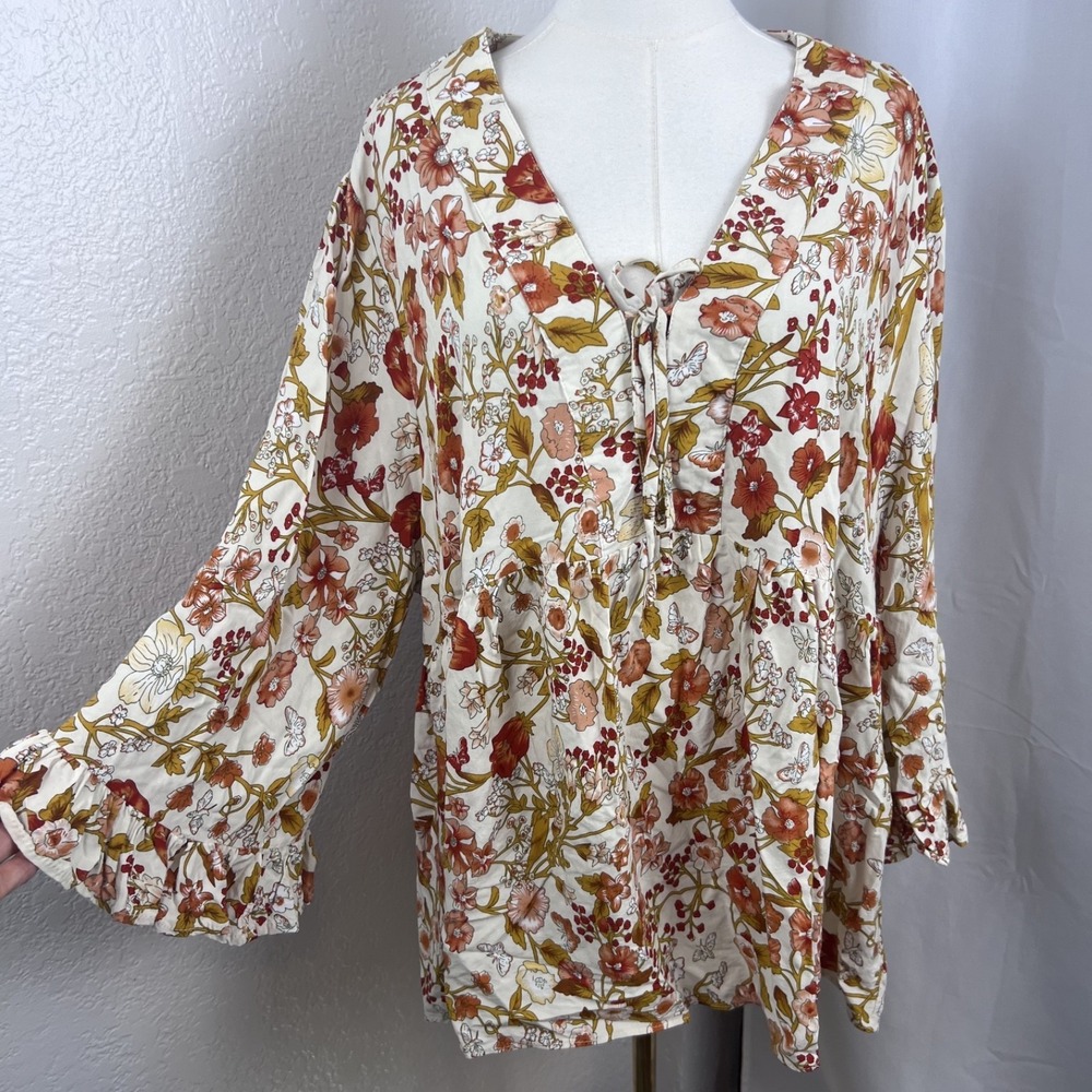 Cynthia Rowley Top Womens 3X Floral Flare Sleeve Babydoll Cottagecore Boho Rayon